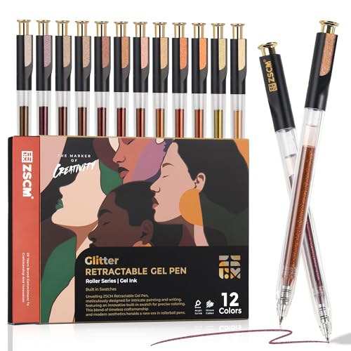 Retractable Glitter Gel Pens, 12 Colors Large Capacity Skin Tone Glitter Metallic Gel Ink Pens, 1 mm Fine Point Smooth Writing Color Pens for Adult Coloring Book Note Taking Aesthetic Art Supplies - color: 12 Skin Tone
