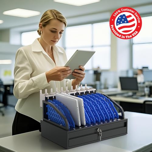 POCHAR 10-Device Open Charging Station for Chromebooks, iPads & Tablets | Heavy-Duty Steel Charging Rack with Lockable Storage Drawer, Multi-Device Charging Organizer for School, Office, Hospital - size: 10 Tablet/Chromebook