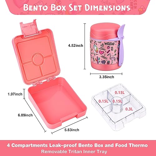 Pawtong Bento Lunch Box Set With 10oz Soup Thermo, Leak-proof Lunch Containers with 4 Compartment, Kids Hot Thermo Food Jar/Insulation Lunch Bag, Food Containers for School（Flamingo） - color: Pink-flamingo