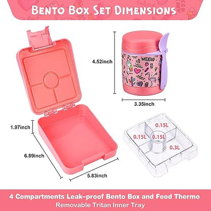 Pawtong Bento Lunch Box Set With 10oz Soup Thermo, Leak-proof Lunch Containers with 4 Compartment, Kids Hot Thermo Food Jar/Insulation Lunch Bag, Food Containers for School（Flamingo） - color: Pink-flamingo