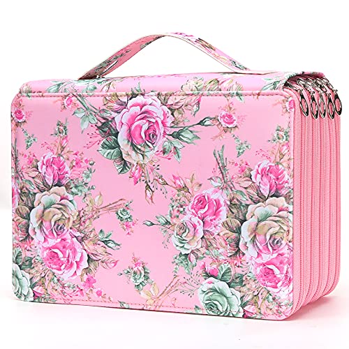 Vomgomfom 252 Slots Pencil Bag, 5-Layer Zipper Art Supply Organizer, PU Leather Portable Colored Pencil Case with Handle for 252 Watercolor Pens, Gel Pens (Pink Rose) - color: D Pink Rose, size: 252 Slots