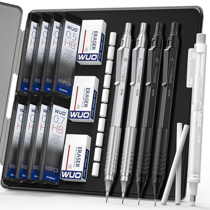 WUO Mechanical Pencils Set, 4-Pack 0.5mm & 0.7mm Metal Drafting Pencils with 480 HB Lead Refills, Precision Eraser Pen, 4B Erasers & Case for Writing, Drawing, Sketching & School, Silver&Black - color: Black+Sliver