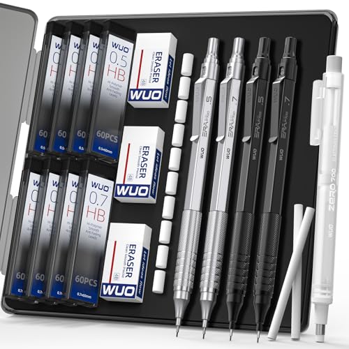 WUO Mechanical Pencils Set, 4-Pack 0.5mm & 0.7mm Metal Drafting Pencils with 480 HB Lead Refills, Precision Eraser Pen, 4B Erasers & Case for Writing, Drawing, Sketching & School, Silver&Black - color: Black+Sliver