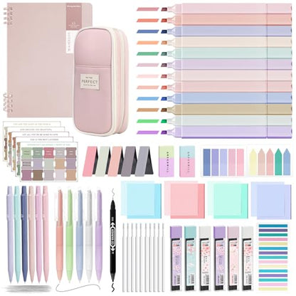 Bible Study Supplies Journaling Kit with Pen Case,12 Pastel Highlighters,5 Black Ink Gel Pens, 6 Mechanical Pencils 0.5 & 0.7mm,Sticky Note Index Tab and So on for bible study - color: Pink