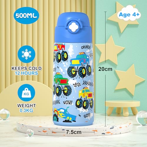 Boys Monster Truck Insulated Water Bottle with Covered Pop-Up Straw,16 oz Kids Cups with Stainless Steel Leak Proof for School - color: A22.Monster Truck, style: 1Pack