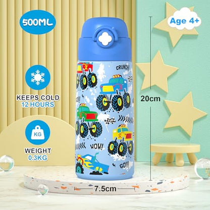 Boys Monster Truck Insulated Water Bottle with Covered Pop-Up Straw,16 oz Kids Cups with Stainless Steel Leak Proof for School - color: A22.Monster Truck, style: 1Pack