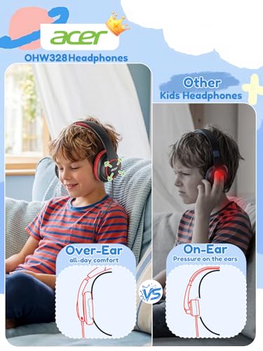 Acer Kids Headphones Wired for School - Over Ear Design, 85/94dB Safe Volume Limit, 3.5mm Jack Foldable Headphones for Toddler Boys Girls Classroom Yoto Player Chromebook Travel Black Red - color: Black Red