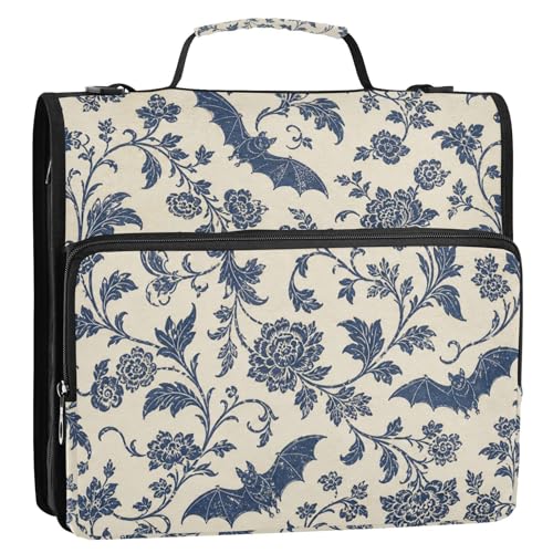 Zipper 3 Ring Binder Bag Goth Bat Floral Expanding File Portfolio Storage Organizer 2-Inch, 500 Sheets Multi-Pocket Shoulder Strap for School Office Kids Adults - color: Navy Grey Goth Bat