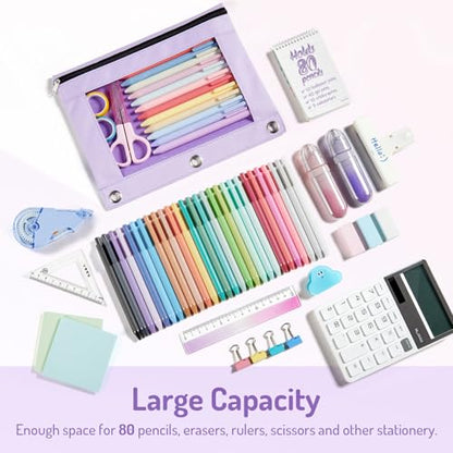 Forvencer Pencil Pouch for 3 Ring Binder, Pastels Pencil Case with Smooth Zipper, Cute Soft Pen Bag with Clear Window & 3 Reinforced Grommets, Big Capacity Binder Bag, School Office Supplies, Pink - color: Pink
