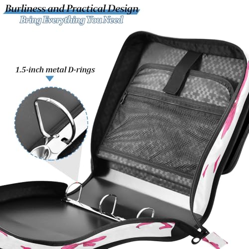 Caikeny 3 Ring Zipper Binder Pink Bows Hearts White Hand Drawn 1.5 inch Binders Bag Expanding File Pockets with Shoulder Strap and Handle - color: Multicolored 1z83.7