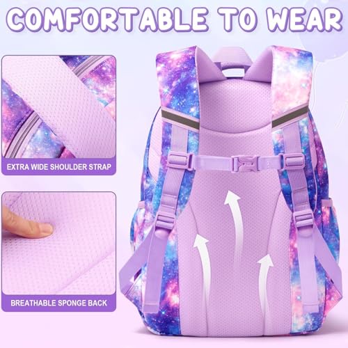 Fimibuke Kids Backpack for School Girls, 3Pcs Waterproof Girls Backpack with Lunch Box & Pencil Pouch - Lightweight Bookbag for Elementary Middle School Student Teens Ages 6+ Purple - color: A2.Diamond Purple