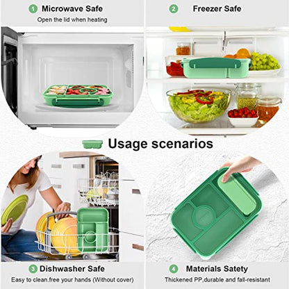 Amathley Bento Box Adult Lunch Box Kids,Lunch Containers for Adults/Kids/Toddler,5 Compartments Bento Lunch Box with Sauce Vontainers,Microwave & Dishwasher & Freezer Safe,BPA-Free (Green) - color: Green
