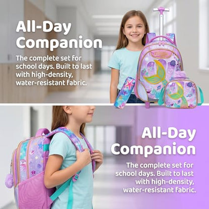 Kids Rolling Backpack for Girls Mermaid Trolley Suitcases Luggage with Wheels Bookbag Wheeled 3pcs on Lunch Box Pencil Case Elementary Teenagers Pink for Girls Age 5-12 - color: Pink-0130-meirenyu