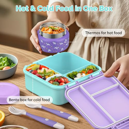 Kids Lunch Box Set with Bento Box, 9oz Stainless Steel Thermo & Insulated Lunch Bag – Hot & Cold Leakproof Lunch Container with Utensils for School & Travel - color: Purple