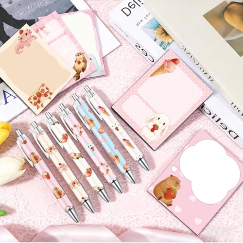 Wxiben Strawberry Sticky Notes with Pens - 18 Pcs Bow Ballpoint Pens Bear Axolotl Rabbit Notepads Set Cake Cocktail Notes Black Ink Pen Gifts for Women Study Office School Supplies Party Favors - color: Strawberry