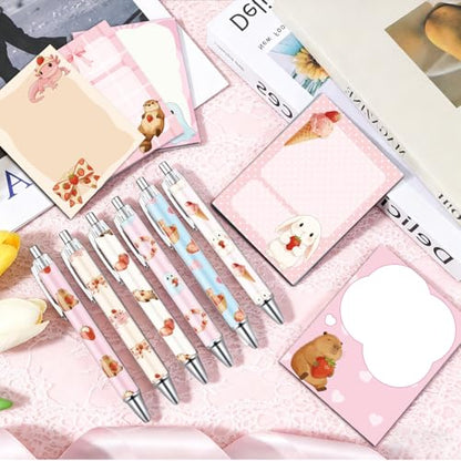 Wxiben Strawberry Sticky Notes with Pens - 18 Pcs Bow Ballpoint Pens Bear Axolotl Rabbit Notepads Set Cake Cocktail Notes Black Ink Pen Gifts for Women Study Office School Supplies Party Favors - color: Strawberry