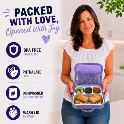 kinsho Lunch Boxes for Girls Teens Adults - Bento Box Set with Insulated Bag and Ice Pack, 4 Compartment Leak Proof Food Container, BPA-Free, Microwave Safe, Ideal for School & Work, Purple - color: Purple (4 Compartments)