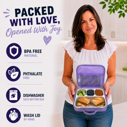 kinsho Bento Lunch Box with Ice Pack, Bag and Utensils for Kids Adults - 4 Compartment Leak Proof Insulated Food and Snack Container, BPA-Free, Ideal for School & Work, Purple - color: Purple (4 Compartments)