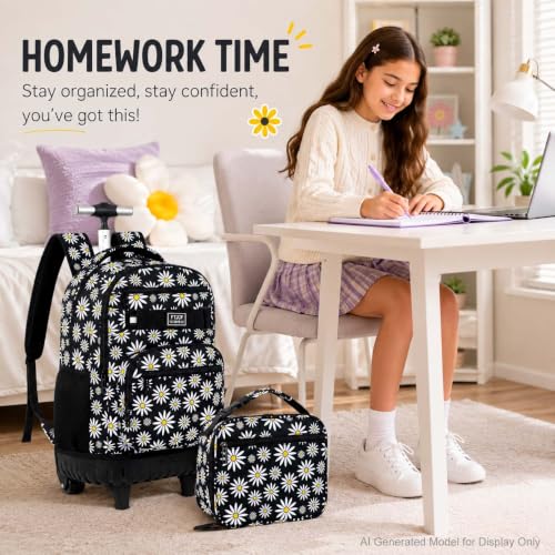 gxtvo Girls Rolling Backpack, Women Roller Bookbag with Lunch Box for Adults, Water Resistant Wheeled School Bag for College Teens Kids Travel - Black Flower - color: Chrysanthemum Black