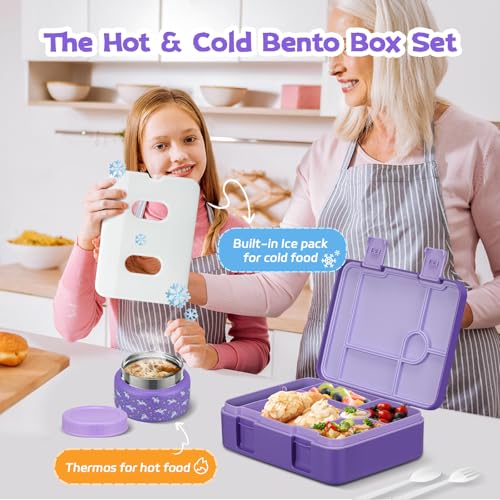 Bento Lunch Box Kids and 9oz Soup Thermos – 5.5-Cup Leakproof Kids Bento Box with Ice Pack & 9oz Insulated Food Jar – Hot & Cold Food Lunch Container for Boy Girl School, Purple Set - color: Purple Set
