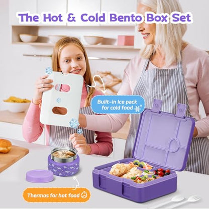Bento Lunch Box Kids and 9oz Soup Thermos – 5.5-Cup Leakproof Kids Bento Box with Ice Pack & 9oz Insulated Food Jar – Hot & Cold Food Lunch Container for Boy Girl School, Purple Set - color: Purple Set