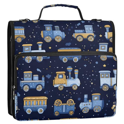 Fisyme Trains Cute Blue Zipper Binder 3 Ring with Zipper and Shoulder Strap Large Capacity Multi-Pocket Binder Organizer - color: Multi-cartoon Blue