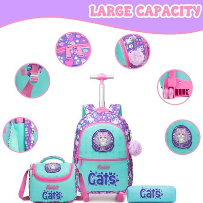 Girls Rolling Backpack with Lunch Box School Backpacks with Wheels 16.5" Roller Backpack for Girls, 3pcs Kids Wheeled Bookbag for Elementary School - color: Lansemao