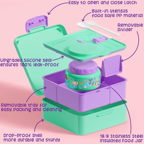 Fimibuke Bento Box for Kids Adult - Leakproof 3-4 Compartments Lunch Bento Box Set with Insulated Food Jar, Water Bottle, Lunch Bag, Sauce Cup & Cutlery for Toddler Teen Shcool Girl Boy Age 3+ - color: A1.Mermaids