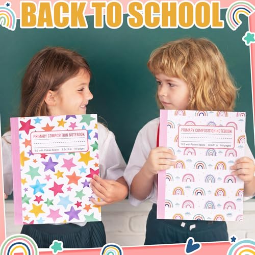 Gueevin 6 Pack Rainbow Primary Composition Notebook with Picture Space Bulk for Grades K-2 110 Page 8.5 X11'' Half Primary Journal K-2 Drawing Story for Back to School First Day of School - style: Rainbow