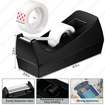 Yahenda 6 Pack Black Desktop Tape Dispenser Non Skid Base with 0.7 x 985 Inches Invisible Tape Refills Bulk Weighted Roll Dispenser for Office Home School - color: Black