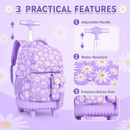 WZLVO 3PCS Girls Rolling Backpack, Water Resistance Roller Bookbag, Women Aesthetic Wheeled School Bag Set with Lunch Bag & Pencil Bag for Teens & Kids - Purple Chrysanthemum - color: 3pcs Girls Rolling Backpack - Purple Chrysanthemum
