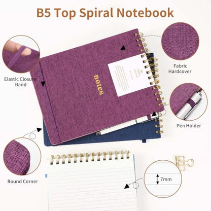 B5 Top Spiral Notebook, College Ruled Journal | Fabric Cover Steno Pads, Elastic Band & Pen Holder, 100GSM Thick Paper, 192 Lined Pages for School, Travel, Daily Writing - color: Dark Blue, size: B5-Steno Pads-192pages