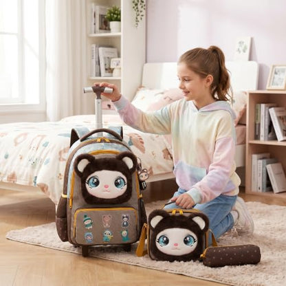 Girls Rolling Backpack for Kids with Wheels,Cute 3D Kids Rolling Backpack for School,Lightweight Kids Luggage for 6-8,Large Capacity BookBag with Wheels & Telescopic Handle - color: 3d Plush Cute Bronze