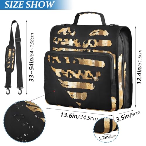 3 Ring Zipper Binder with Shoulder Strap Leopard Skin Golden Heart 1.5 inch Binders Keeper Large Capacity Multi Pockets for School Office Supplies - color: Multi472, size: Fit 500 Sheets