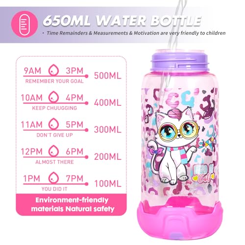 Kids Water Bottle with Straw/Lanyard for School Kids Girls Boys, 22oz BPA Free Child Drinking Water Bottle One-Click-Open Leak-Proof Locking Flip Lid for School Sport Travel - color: Cat