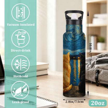 Cat Night Insulated Water Bottle,Starry Night Stainless Steel Water Bottles 20 oz with Straw Lid,Leak Resistant Double Wall Insulated Flask with Handle for Travel Outdoor Gym - color: Cat Night,Starry Night