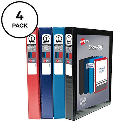 Avery Show-Off Standard View 3 Ring Binder, 1" Round Rings, 175-Sheet Capacity, 1.4 Inch Wide Spine, Color Will Vary (Black, Light Blue, Navy Blue, or Red), Ideal for Light Organization (12789)