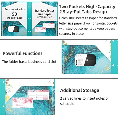 Ospelelf Folders with Pockets, Waterproof Plastic Folder with Two Fixed Corner Tabs and 2 Pockets Includes Business Card Slot, Includes Sticker, Fits 3 Ring Binder Holds 11" x 8.5", 6-Pack - color: Marble and Flowers