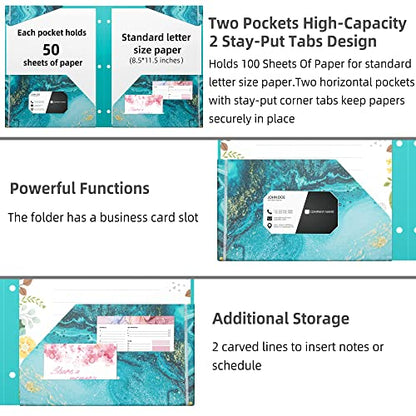 Ospelelf Folders with Pockets, Waterproof Plastic Folder with Two Fixed Corner Tabs and 2 Pockets Includes Business Card Slot, Includes Sticker, Fits 3 Ring Binder Holds 11" x 8.5", 6-Pack - color: Marble and Flowers