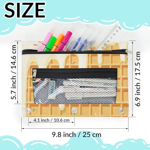 Waffle Cookies Pencil Pouch for 3 Ring Binder White Ice Cream Pencil Case Bag with Clear Window Zipper Pockets for Kids Girls Boys Students School College Supplies 2 Pack - color: White