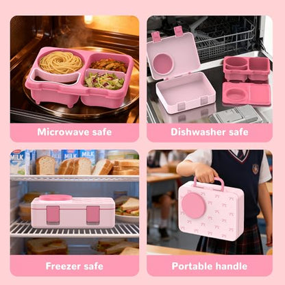 Kids Lunch Box with Thermo, Leakproof Bento Box for Kids with 8OZ Insulated Food Jar, Ice Pack, Sauce Cup, Utensils, Removable Tray & Dividers for School Daycare Travel (Bows) - color: Bows