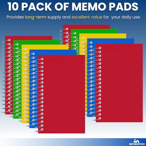 1InTheOffice Wirebound Spiral Memo Books, Memo Pads, 3" x 5", College Ruled, Small Notepad 3x5, Assorted, 75 Sheets/Pad, 10 Pads/Pack