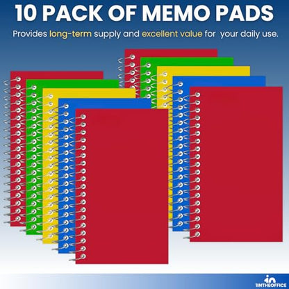 1InTheOffice Wirebound Spiral Memo Books, Memo Pads, 3" x 5", College Ruled, Small Notepad 3x5, Assorted, 75 Sheets/Pad, 10 Pads/Pack