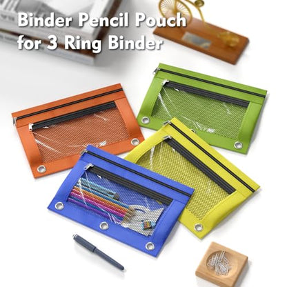 DoDoMagxanadu Binder Pencil Pouches, Pencil Pouch for 3 Ring Binder, Double Pocket Clear Window Pencil Case for Binder, Zippered Pencil Pouches with Rivet Enforced 3 Ring, 12 Pack