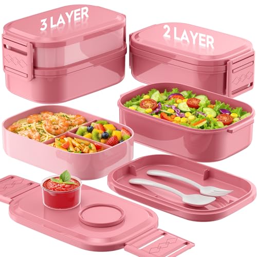 BiuLeon Bento Box Adult Lunch Box, 65 Oz Capacity Lunch Containers(Adjustable 2/3 Tier), BPA-Free, Leak-Proof and Stackable Bento Lunch Box, Microwave & Dishwasher Safe with Utensils(Pink) - color: Pink