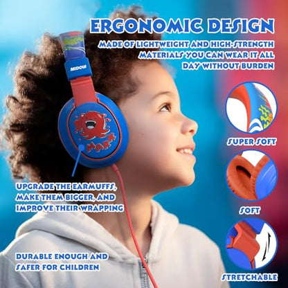 MIDOLA Kids Headphones for School Learning,Volume Limited 85/94dB, Foldable Lightweight Over-Ear Wired Headphones for Kids Toddler Girls Boys 3.5mm for Pad,Headsets with Built-in Mic Cartoon Blue - color: Blue Cartoon