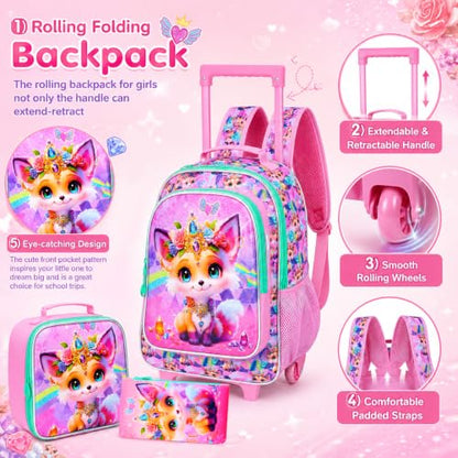 3Pcs Rolling Backpack for Girls, Fox Roller Bookbag with Lunch Box, Kids School Backpacks with Wheels for Elementary Preschool(Yellow) - color: Fox Yellow