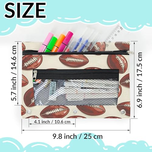 Sports Football Pencil Pouch for 3 Ring Binder Soccer Rugby Balls Pencil Case Bag with Clear Window Zipper Pockets for Kids Girls Boys Students School College Supplies 2 Pack - color: Brown Beige