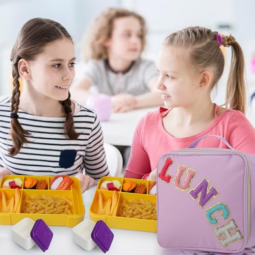 Ziliny Lunch Box Kids with Insulated Lunch Bag, 45 oz Bento Box for Boys Girls,Large Nylon Preppy Lunch Bag with Adjustable Shoulder Strap Reusable Bento Box for School Picnic(Purple,Purple Yellow)