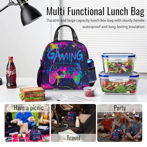 Gamer Lunch Bag Insulated Lunch Box Large Capacity Meal Tote for Kids Women Men Cooler Bag Waterproof Adjustable Shoulder Strap Gaming Lunch Tote for Work School Picnic Travel Hiking Office - color: Game07